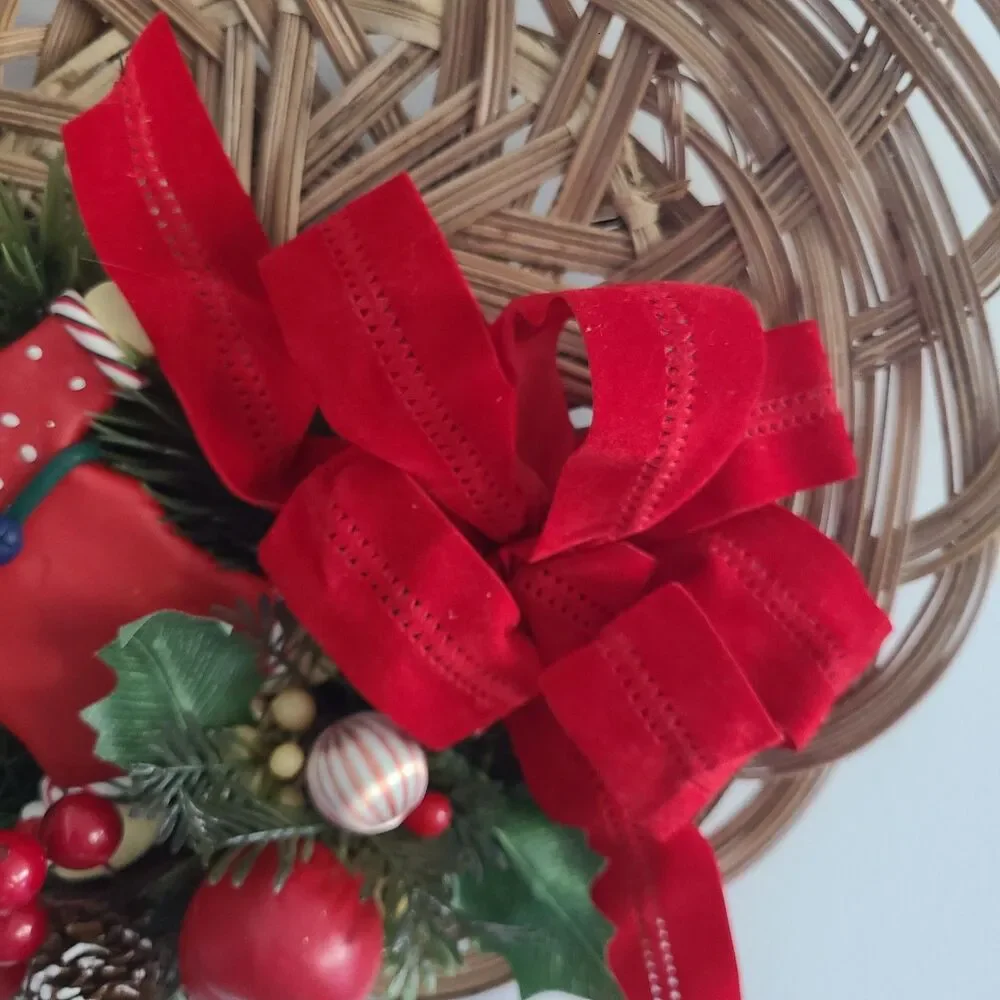 Vintage Wicker Christmas Wreath Wall Hanging With Clay Santa + Greenery + Ribbon